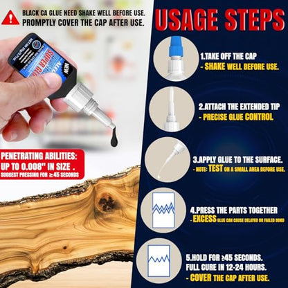 20g Black CA Glue, Medium 500CPS Cyanoacrylate Super Glue | Medium-viscosity cyanoacrylate fills 0.008-inch gaps; bonds wood, metal, leather, ceramic, plastic, rubber; sets in 40-60s