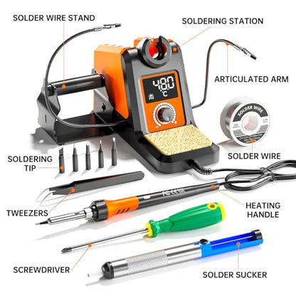Digital Soldering Iron station Kit, 2 Auxiliary Clamps, 5 Soldering Iron Tips, Solder Wires, Solder Suckers, Stainless Steel Tweezers, and a Phillips Start, soldering station - color: 988d