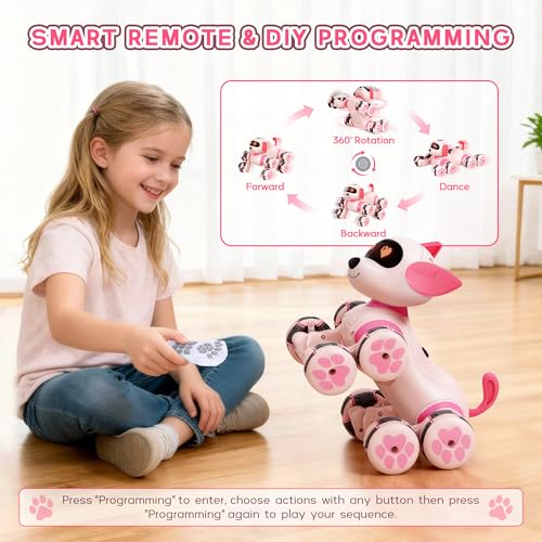 HuiJuKeJi Smart Interactive Robot Dog Toy - Easy Programmable Remote Control Robotic Pet with Gesture Sensing 8WD 360° Stunts, LED Eyes Dancing & Music RC Cars, Birthday Gift for Kids Ages 3-8