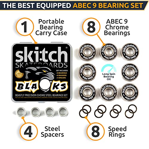 Precision Fast Spin Bearings Set | 8 Pack 608 2RS ABEC 9 Chrome Steel Deep Groove Ball Bearing Set for Skateboards, Longboards, Inline Skates, Scooters | + Washers + Spacers | 8mm x 22mm x 7mm