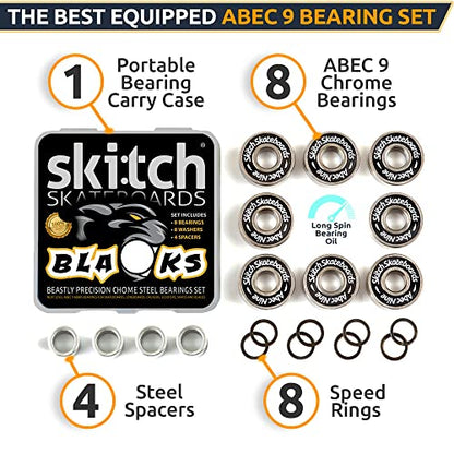 Precision Fast Spin Bearings Set | 8 Pack 608 2RS ABEC 9 Chrome Steel Deep Groove Ball Bearing Set for Skateboards, Longboards, Inline Skates, Scooters | + Washers + Spacers | 8mm x 22mm x 7mm