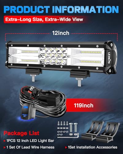 12Inch LED Light Bar with Wiring Harness Kit Spot Flood Combo Beam | 160W 30000LM LED Off Road Driving Work Lights Bar with 3Pin Rocker Switch for Je-ep Truck ATV UTV SUV UTE Pickup Tractor Golf - size: LEDKITO 12InC LED Light Bar Kits
