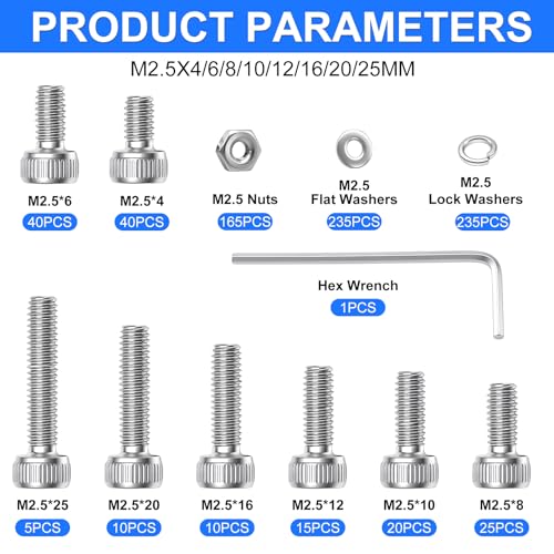 801PCS M2.5 Screws Kit, M2.5x4/6/8/10/12/16/20/25mm Hex Socket Head Cap Screws Bolts Nuts Washers Kit, 304 Stainless Steel M2.5 Bolts Metric Screws for 3D Printing - size: SS M2.5 x 4/6/8/10/12/16/20/25mm, style: Socket Head