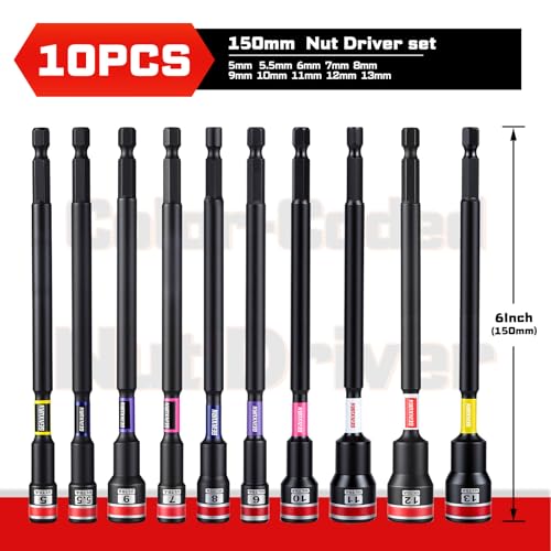 Geinxurn Impact Nut Driver Set, 10 Pieces 6 Inch Long Magnetic Metric Nut Setter Set 6 Point Alloy Steel Use 1/4” Hex Shank Impact Driver Stored in Portable Storage Cases for Repair - size: 6", style: 6"-M