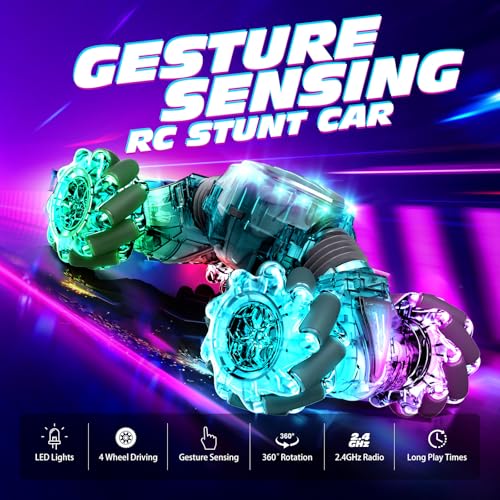 Tecnock Remote Control Car for Boys Girls, 2.4GHz 4WD Gesture Sensing RC Stunt Car Toys - 360° Rotating Double Sided Hand Controlled RC Cars with LED Lights, Gifts for Kids Ages 6-8, 8-12 - color: Deep Green