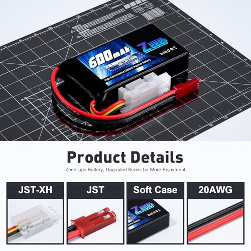 Zeee 2S Lipo Battery 600mAh 7.4V 50C with JST Connector (2 Pack) | for FPV Helicopter Airplane RC Boat Racing Drone Quadcopter RC Car RC Models