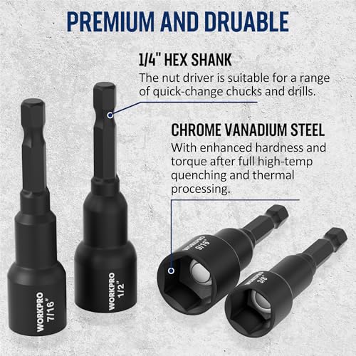 WORKPRO 6 PCS Magnetic Nut Driver Set, 1/4" Hex Shank, CR-V Steel, SAE | Drill Socket Set, Impact Driver Bit Set, 1/4" to 9/16" - size: 6PCS Magnetic Nut Driver Set