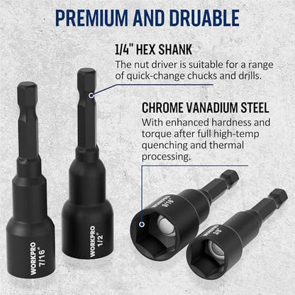 WORKPRO 6 PCS Magnetic Nut Driver Set, 1/4" Hex Shank, CR-V Steel, SAE | Drill Socket Set, Impact Driver Bit Set, 1/4" to 9/16" - size: 6PCS Magnetic Nut Driver Set