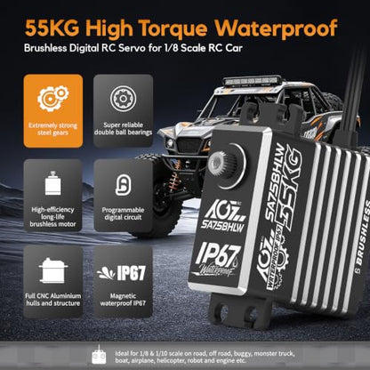 AGFRC 55KG Waterproof Brushless 1/10 1/8 RC Servo Motor(SA75BHLW) | 55KG High Torque, 0.110sec Speed, IP67 Waterproof, Programmable, Full Metal Gear, Ideal for 1/8 1/10 Rigs/Boats
