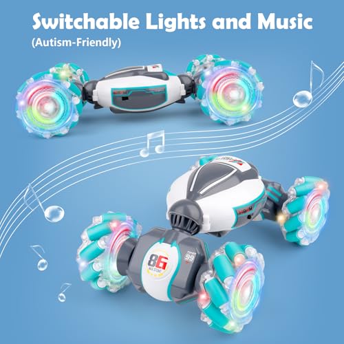 PREPOP Gesture Sensing RC Stunt Car, Birthday for Age 6 7 8-12 13+ Year Old Boys - Cool Toys for Kids, Hand Controlled Remote Control Twist Vehicle with Lights & Music, 4WD Rotating - color: White Grey Blue