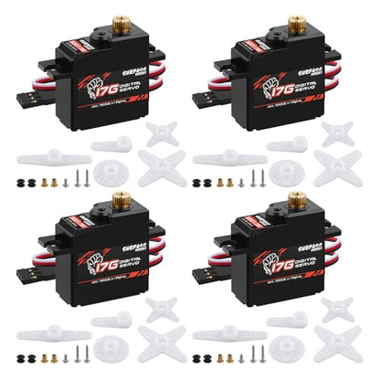 17g Metal Gear Digital Servos, 4-Pack | Compact 17g digital servos for RC aircraft, robots, 1/18 and 1/16 vehicles, boats and ducted-fan models.