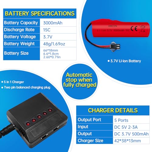 5PCS 3.7V 3000mAh Li-ion Batteries with SM-2P Plug and 5-in-1 Charger for DE42 DE44 DE45 DE68 RC Car,Drifting Car Truck Toy Off-Road Racing Car Battery