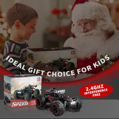 Carox Remote Control Car, 2.4GHz 25KM/H High Speed RC Car, 1:18 Off-Road Monster Truck with LED Lights– Ideal Gift for Boys 6+ - color: Red