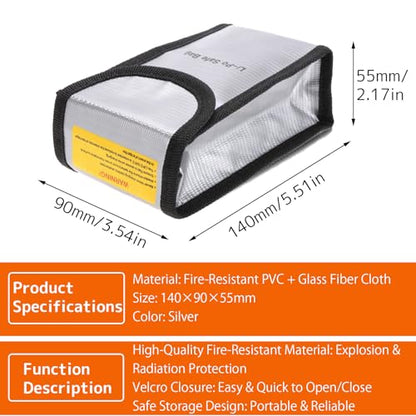 Fireproof Explosion proof Lipo Bag, Fire Retardant Battery Bags for Charging and Storage, 5.5x3.5x2.1 inches