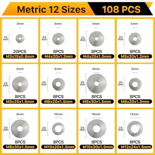 108PCS Flat Washers Assortment Kit, 304 Stainless Steel Washers | Fender Washers, 12 Sizes (M3 M4 M5 M6 M8 M10 M12) Metric Metal Washers for Screws and Bolts, Automotive Industrial Home Use - style: 108PCS (Metric）