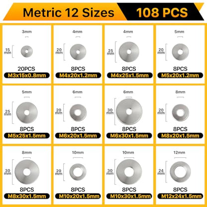108PCS Flat Washers Assortment Kit, 304 Stainless Steel Washers | Fender Washers, 12 Sizes (M3 M4 M5 M6 M8 M10 M12) Metric Metal Washers for Screws and Bolts, Automotive Industrial Home Use - style: 108PCS (Metric）