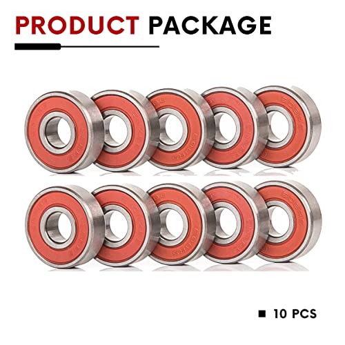 10 PCS 608-2RS Double Red Rubber Sealed Bearings 8x22x7mm, Deep Groove Ball Bearings ABCE-3 Pre-Lubricated, Chromium Bearing Steel (608-2RS-RED, 10) - size: 608-2RS-Red