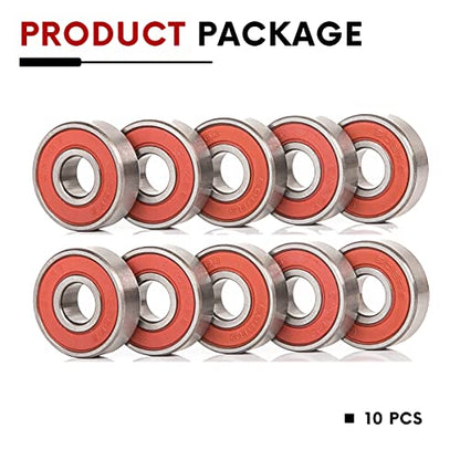 10 PCS 608-2RS Double Red Rubber Sealed Bearings 8x22x7mm, Deep Groove Ball Bearings ABCE-3 Pre-Lubricated, Chromium Bearing Steel (608-2RS-RED, 10) - size: 608-2RS-Red