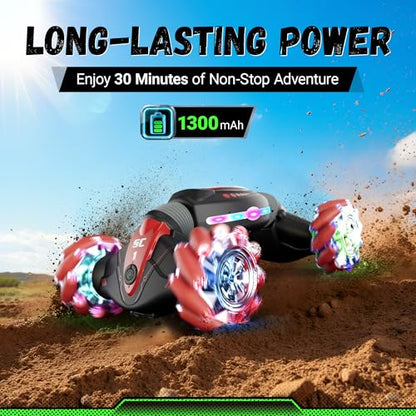 Contixo Kids Large Remote Control Car w/Gesture Sensor, Stunt Car, Red | Gesture Sensor, 4WD 360° Spins, Music, Lights & Spray, Side Drifts, Double-Sided Driving Off-Road Stunt - color: Red