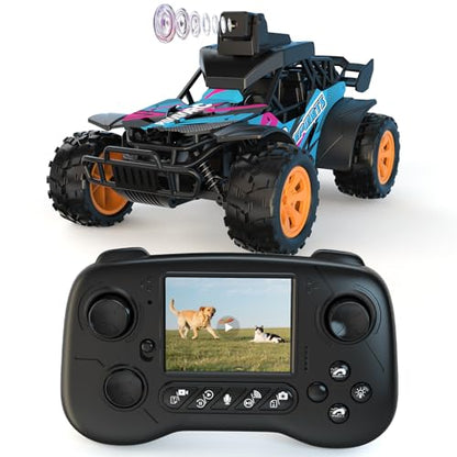 RC Car with Camera, 2.4GHz Remote Control Truck with 2.8”LCD Screen & 60° Adjustable Camera, Live Video, APP/Radio Dual Control, 2 Speeds, Rechargeable Off-Road RC Cars, Gift for Adults and Kids - color: Pink and Blue
