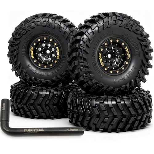 HOBBYSOUL 70 * 27mm 1.0'' beadlock Wheels and Tires Set - Brass Adjustable Offset 1.0 Wheel Black & Soft Sticky 1.0 tire for RC Crawler 1/18 TRX4M 1/24 SCX24, HS701772 - color: Black