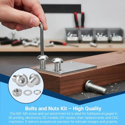 3360Pcs Metric Machine Screw Assortment Kit, M2 M3 M4 M5 304 Stainless Steel Hex Socket Button Head Bolts and Nuts Kit with Lock Washers & Flat Washers Set - color: 3360 Button Head M2 M3 M4 M5