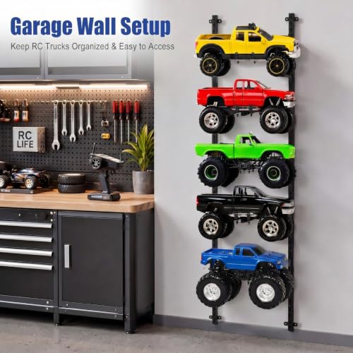 AceOrbit RC Car Stand Wall Mount 5 Layer Adjustable RC Car Racks Storage Display with Screws Crawler Trucks Workstation Model Shelf Wall Hanger for 1/6, 1/10, 1/12, 1/18, 1/24, 1/32 Scale Cars Trucks