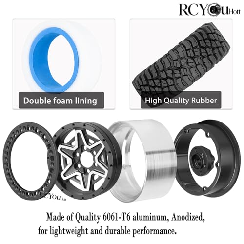 RC 1.9" Beadlock Wheels and Tires Set for 1/12 M-J-X H12Y H12Y+ H12P MN-128 RC Crawler,Wheels Tire OD 90MM/3.54",Aluminium Wheel Rims (4PCS),1.9" Beadlock Wheel Tires,Black - color: Black- (Wheel Tires)