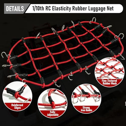 1/10 RC Elastic Cargo Net 19×12cm with Hooks, Scale Luggage Net for TRX4 | Compatible with TRX4 SCX10 D90 Axial 90046 1/10 RC Crawler Truck Accessories (Red) - color: Red