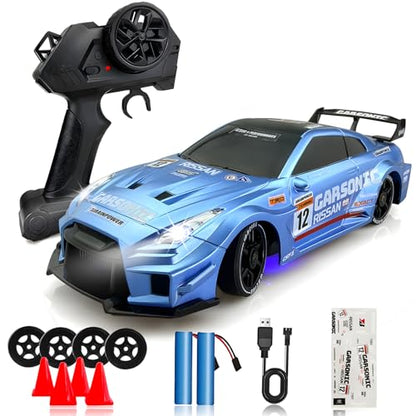 1:24 RC Drift Car for Kids,4WD 2.4GHz 28KM/H High Speed Remote Control Car, Racing Sport Toy Car with LED Lights,Drifting Tires＆Two Batteries (Blue-24G) - color: Blue-24g