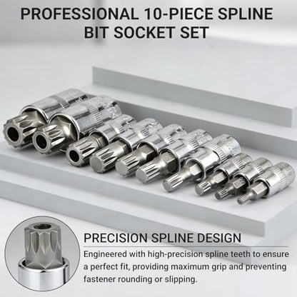 10Pcs Triple Square Spline Bit Socket Set | Premium Alloy Spline Socket Bit Set , Metric Sized S2 Steel Bits, Drive M4-M18 and Cr-V Sockets for Professionals