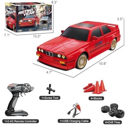 RC Drift Car for Kids Adults 1:16 Scale 2.4Ghz 4WD High Speed RTR Racing Car 30KM/H with Led Lights Remote Control Vehicle Sport Toy Gifts for Girls Boys, Two Batteries and Drift Tire Included