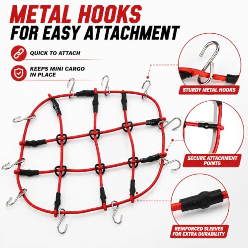 1:24 RC Roof Cargo Net with Hooks, 80x65mm Elastic Luggage Net for Axial SCX24 90081 AXI00002 AXI00001 AXI90081 C10 JLU Gladiator Bronco TRX4M 1/24 1/18 RC Crawler Scale Accessories, Red - color: Red