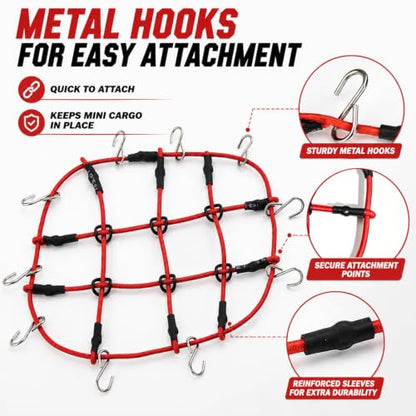 1:24 RC Roof Cargo Net with Hooks, 80x65mm Elastic Luggage Net for Axial SCX24 90081 AXI00002 AXI00001 AXI90081 C10 JLU Gladiator Bronco TRX4M 1/24 1/18 RC Crawler Scale Accessories, Red - color: Red