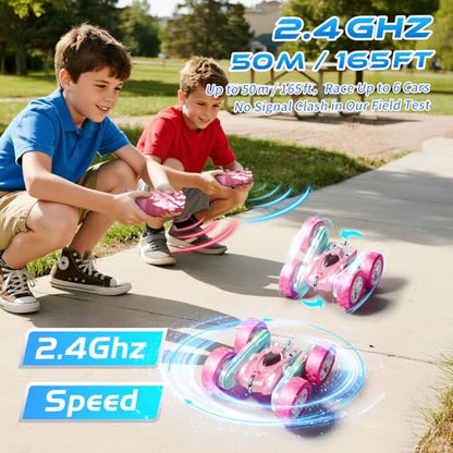 RC Car Pink 4WD Remote Control Car 360° Flip Double‑Sided LED Light Bar & Quick‑Swap USB‑C Modular Battery, 2.4 GHz No‑Interference Popular Outdoor Beach Toy, Popular Gift for Girls Ages 6‑12 - color: Pink