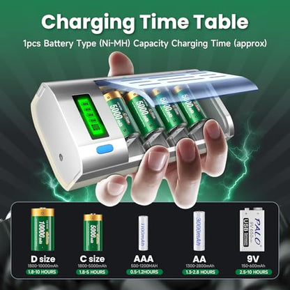 Rechargeable C Batteries with Charger, 6-Pack C Cell Batteries 1.2V NiMH 5000mAh, Universal Battery Charger for C, D, 9V, AA, AAA | Discharge Function | 3 Storage Boxes & Car Charging Cable