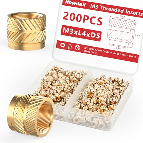 Newdeli 200pcs M3 Heat Set Inserts M3x4x5 Threaded Inserts for Plastic and 3D Printing Components Brass Metric Knurled Nuts Kit - size: M3x4x5 (200 pieces)