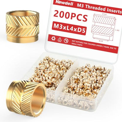Newdeli 200pcs M3 Heat Set Inserts M3x4x5 Threaded Inserts for Plastic and 3D Printing Components Brass Metric Knurled Nuts Kit - size: M3x4x5 (200 pieces)