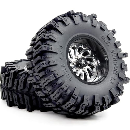 2.2 Beadlock Wheels and Tires Set, 124mm Tall 2.2 Mud Slingers Tires & Adjustable Offset 2.2 Wheels Rims for 1/10 RC Crawler Everest 10 SCX10 Capra Wraith Upgrades,HS701583 - color: Black & Silver