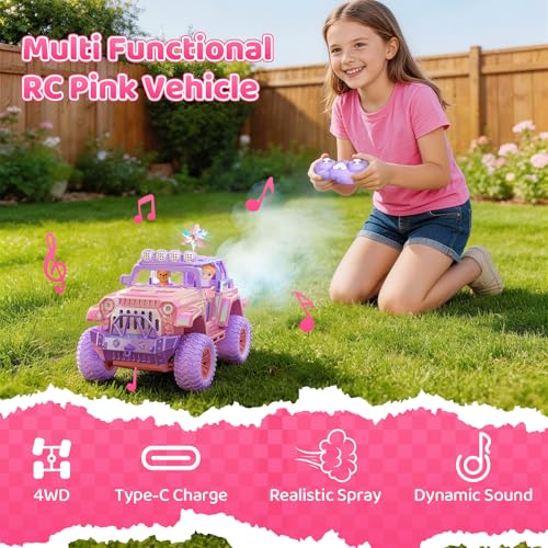 Remote Control Car for Girls with Spray and Sound, 2.4GHz Sparkling Pink RC | RC Cars for Kids with Dual Color Light & Doll, DIY Stickers, Windmill, Toy Cars Christmas Birthday Gift for Girls Age 6-12