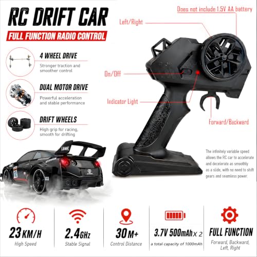 HTURCCOP 1:24 RC Drift 2.4GHz with LED Light Race Car Toys for Boys and Girls Aged 6+ Speed Adjustable up to 23Km/H, High-Speed RC Racing Cars Toy Gift for Boys & Girls - color: Black