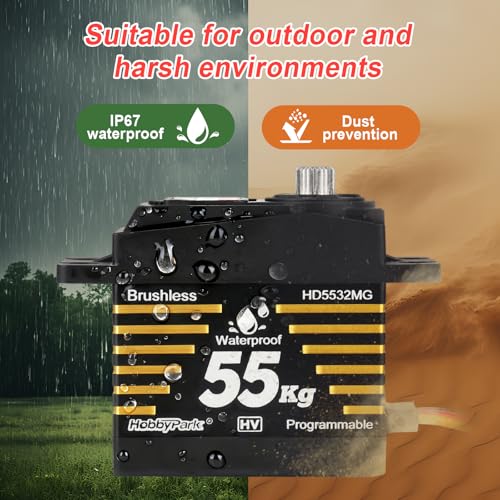 HobbyPark Waterproof 55kg Servos Brushless Motor High Torque RC Steering Servo Fast Speed Standard Size HV Stainless Steel Metal Gears for 1/8 1/10 RC Crawler Car Truck Buggy 180° Programmable