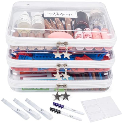 Clear Hard Shell Zipper Case Set (3 Large), 120s Thick PET Plastic, Dual Zippers with Star Charms, Removable Straps, Removable Labels with 2 Markers for Travel, Storage & Organization - size: 3 Large