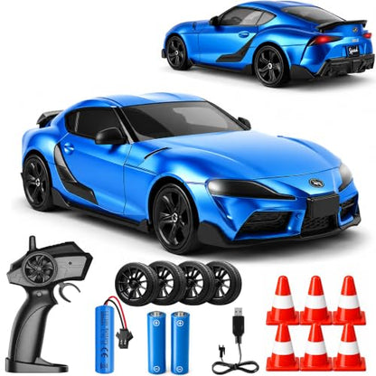 IntelLock 1:24 RTR RC Drift Car with Scratch-Free Drift Tires, 4WD High-Speed JDM, 2 Rechargeable Batteries, LED Lights, 2.4GHz Remote Control Car for Kids & Adults, Indoor/Outdoor (Blue 2)