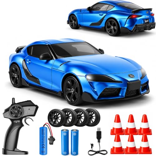 IntelLock 1:24 RTR RC Drift Car with Scratch-Free Drift Tires, 4WD High-Speed JDM, 2 Rechargeable Batteries, LED Lights, 2.4GHz Remote Control Car for Kids & Adults, Indoor/Outdoor (Blue 2)