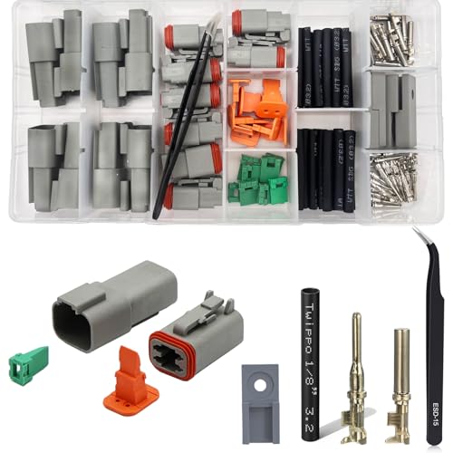 2 Pin Deutsch Connector Kit 8 Set, Automotive Waterproof DT Wire Connectors | Twippo 2 Wire Male and Female Electrical Connectors Kit with 16# Stamped Contacts and 32pcs Shrink Tubing Kit for 22-16AWG - size: 22-16AWG 8Set DT