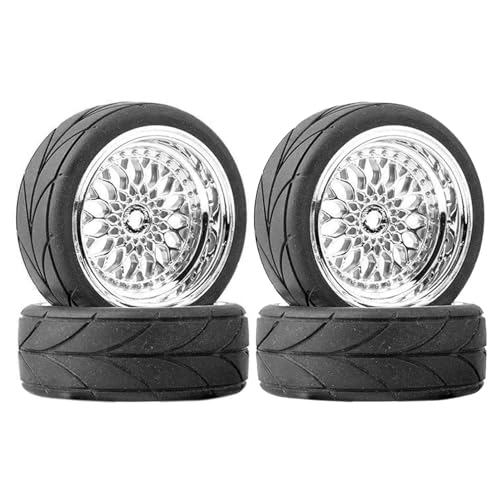 4PCS/Set 64mm Rubber Tires & Plating Plastic Wheels Rims Replacement Part for 1/10 RC On-Road Touring Car Racing Car (Silver, Offset 6mm) - color: Silver, size: Offset 6mm
