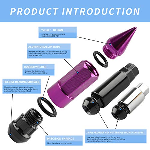 20Pcs Anti Theft Spiked Extended Tuner Wheel/Rims Lug Nuts M12X1.5+Socket (Purple) - color: Purple