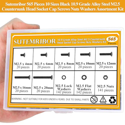 565 Pieces M2.5 Screws Nuts Washers Set Black, Sutemribor M2.5 x 4/6/8/10/12/16/20mm Countersunk Head Socket Cap Screws Nuts Washers Assortment Kit, 10.9 Grade Alloy Steel, Fully Threaded - size: M2.5, style: Countersunk Head Socket Cap
