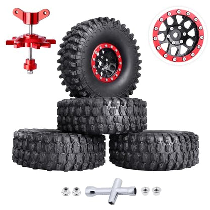 HobbyPark 1.9 Beadlock Wheels and Tires Height 4.72inch 120mm Soft Rubber Good Grip, Mounting Tool for TRX4 Axial SCX10 II III Redcat Gen8 Gen7 1/10 RC Crawler w/Foam,Set of 4 (Red Rings) - color: Red Rings